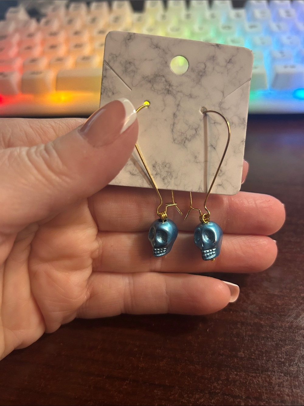 Blue Skull Drop Earrings on Gold Hooks
